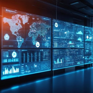 A hightech operations control centre with large transparent digital screens displaying a realtime dashboard of multiple locations across a map