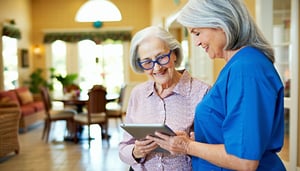 Caregiver interacting with a resident in a senior living community, with a tablet device visible, suggesting the use of digital monitoring for operational support. The environment is clean, calm, and welcoming.